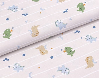 Tissu en coton tissé petit dragon et dino rayé beige clair blanc à partir de 0,5 m (10,00/mètre)