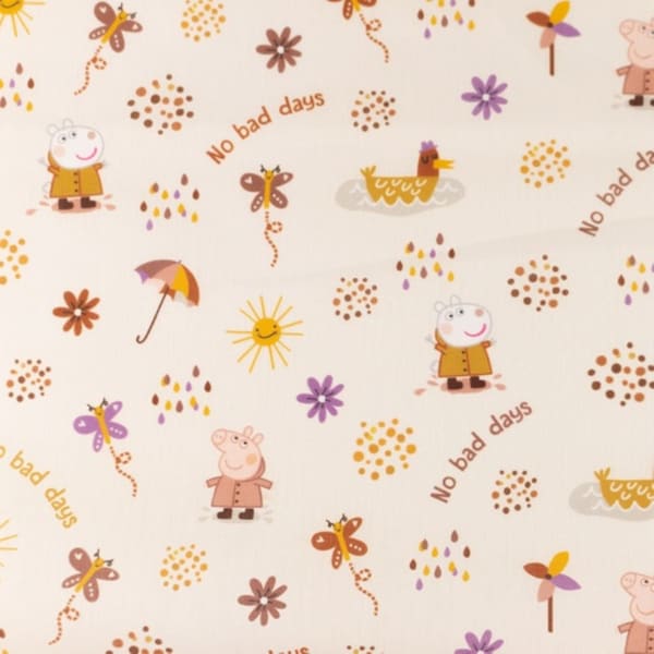 Tissu tissé en coton Peppa Pig / Pas de mauvais jours sur tissu de licence beige clair à partir de 0,5 m (13,90/mètre)