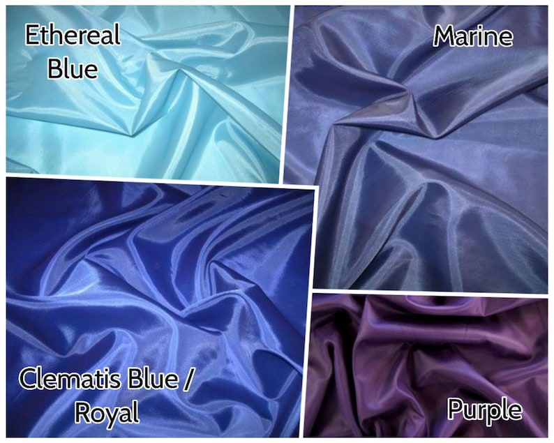 Pu&ograve; includere: Quattro campioni di tessuto in diverse tonalit&agrave; di blu e viola. I campioni sono etichettati "Ethereal Blue", "Marine", "Clematis Blue / Royal" e "Purple".