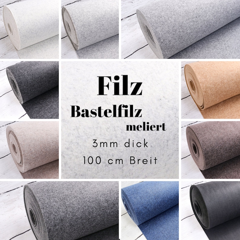May include: A variety of colours of 3mm thick felt fabric, each rolled up. The felt is 100 cm wide and is labelled "Filz Bastelfilz meliert".