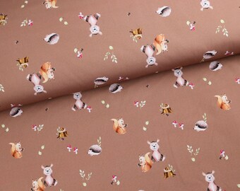 Softshell fabric with woodland animals on brown, from 0.5 m (18.00/meter)