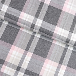 Op de afbeelding: Een stof met een ruitpatroon in grijstinten, roze en wit.