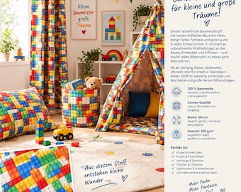 May include: A cotton fabric featuring a colorful pattern of interlocking plastic building blocks in red, blue, yellow, and green. The textile is displayed as curtains, a play tent, a storage bin, and a pillow, showcasing its versatile use.