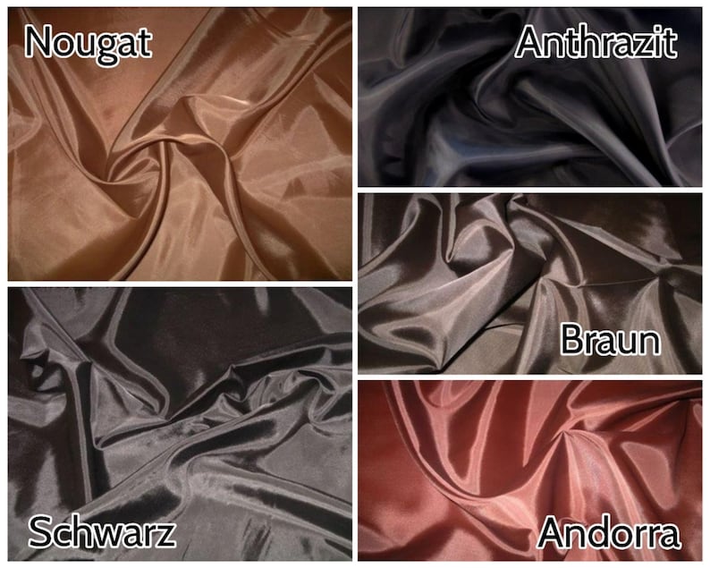 Pu&ograve; includere: Primo piano di cinque campioni di tessuto in diversi colori: Nougat, Antracite, Marrone, Nero e Andorra. Il tessuto &egrave; un raso liscio e lucido.