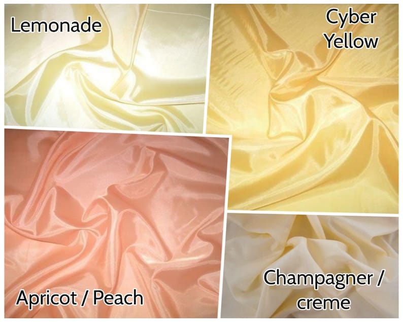 Pu&ograve; includere: Quattro campioni di tessuto in diverse tonalit&agrave; di giallo e pesca. I campioni sono etichettati "Lemonade", "Cyber Yellow", "Apricot/Peach" e "Champagner/creme".