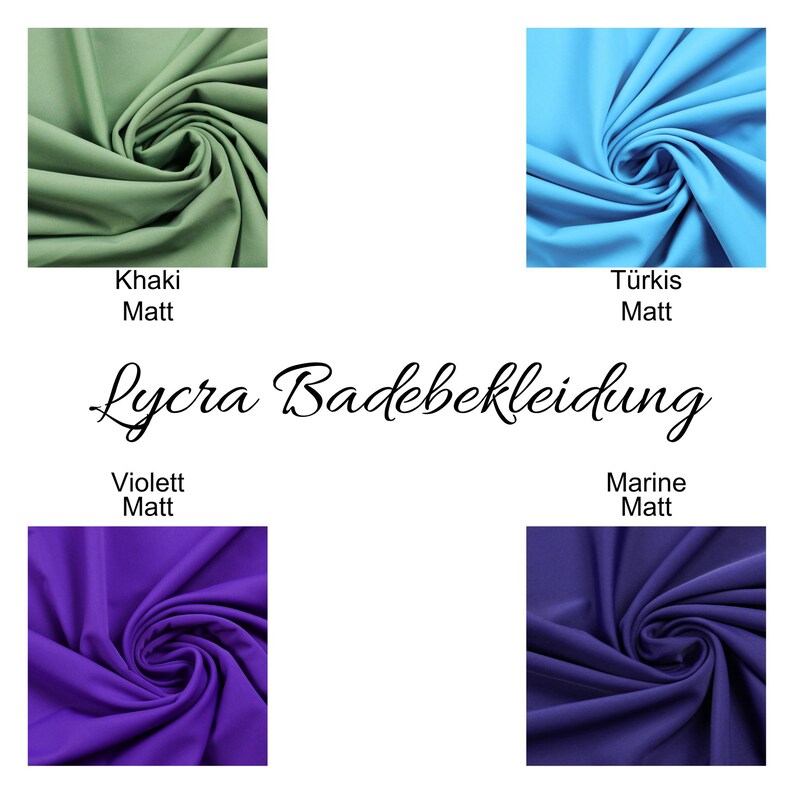 Puede incluir: Cuatro muestras de tela en diferentes colores: caqui, turquesa, violeta y azul marino. La tela se describe como "Lycra Badebekleidung", que se traduce como "ropa de ba&ntilde;o de Lycra".