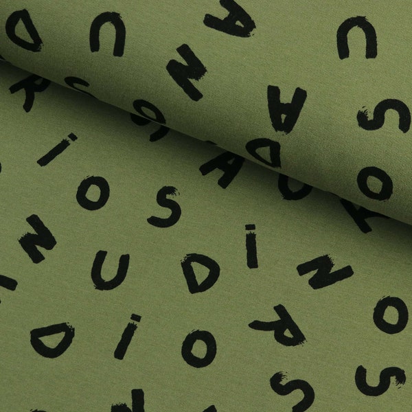Sweat Stoff Softsweat Letters Buchstaben auf Waldgrün ab 0,5m (20,00/m)
