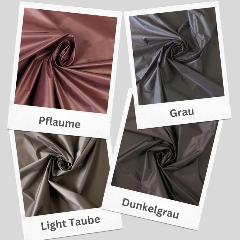 May include: Four fabric swatches in different shades of gray, plum, and taupe. The swatches are arranged in a grid pattern and each swatch has a label underneath it. The labels read "Pflaume", "Grau", "Dunkelgrau", and "Light Taube".