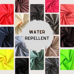 Puede incluir: Un collage de muestras de tela en varios colores, incluyendo rojo, azul, verde, amarillo y negro. La tela es repelente al agua y tiene una textura suave y sedosa. El texto "WATER REPELLENT" se muestra en el centro de la imagen.