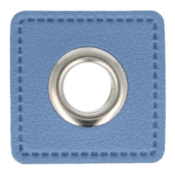 Ösen Patches auf Jeansblau Kunstleder Nickel in 8mm oder 11mm Durchmesser