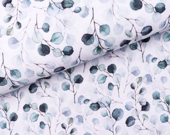 Muslin fabric Double Gauze Watercolor Eucalyptus branches on white from 0.5 m (15.00/meter)