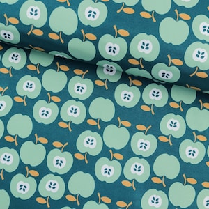 Softshell fabric retro apples on petrol green from 0.5 m (20.00/meter)