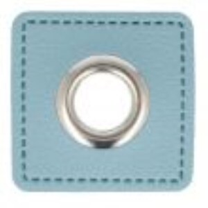 May include: A light blue square fabric curtain ring with a silver metal grommet in the center.