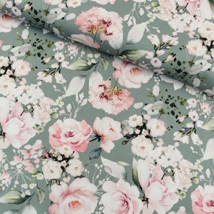 Canvas cotton fabric bags & decorative fabric with roses watercolor flowers on patina green from 0.5 m (17.00/meter)