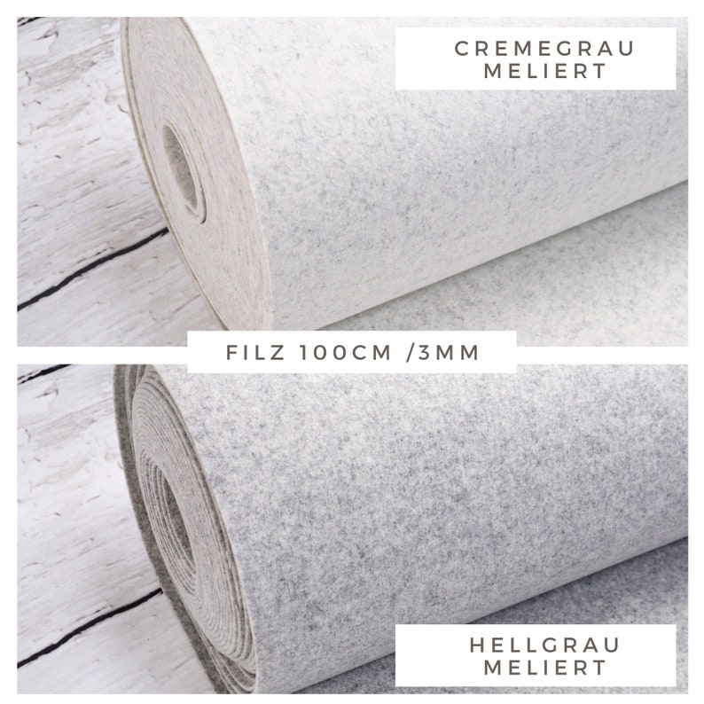 May include: Two rolls of felt fabric, one cream grey and one light grey, both with a mottled texture. The fabric is 100 cm wide and 3 mm thick. The text "FILZ 100CM / 3MM" is printed on a white label.