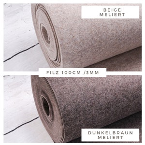 May include: Two rolls of felt fabric, one beige and one dark brown, both with a mottled or flecked appearance. The fabric is 100 cm wide and 3 mm thick. The text "FILZ 100CM / 3MM" is printed on a white label.