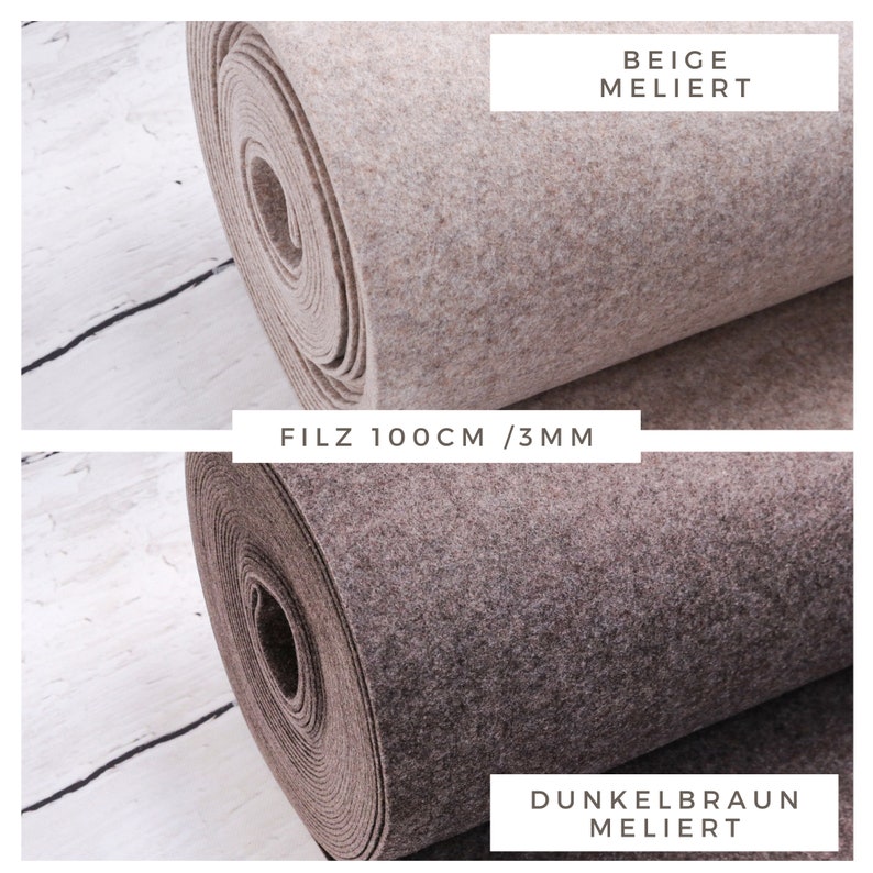 May include: Two rolls of felt fabric, one beige and one dark brown, both with a mottled or flecked appearance. The fabric is 100 cm wide and 3 mm thick. The text "FILZ 100CM / 3MM" is printed on a white label.