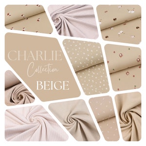 May include: A collection of beige fabric swatches with various patterns, including polka dots, stripes, and small animal prints. The text "CHARLIE Collection BEIGE" is displayed in the center of the image.