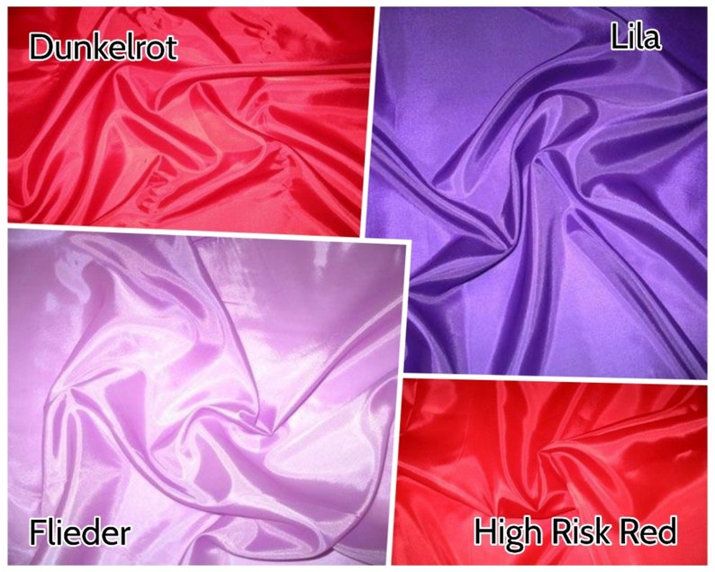 Pu&ograve; includere: Quattro campioni di tessuto in diversi colori: rosso scuro, viola, lilla chiaro e rosso. I campioni sono etichettati "Dunkelrot", "Lila", "Flieder" e "High Risk Red".