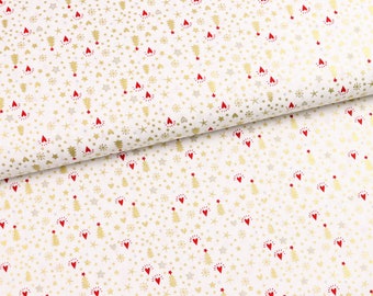Cotton woven fabric Christmas small golden Christmas trees & stars / red on cream white from 0.5 m (10.00/meter)