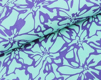 Muslin fabric double gauze abstract flowers on purple turquoise from 0.5 m (15.00/meter)