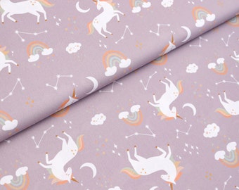 Cotton fabric woven unicorns and rainbows on old pink from 0.5 m (13.00/meter)