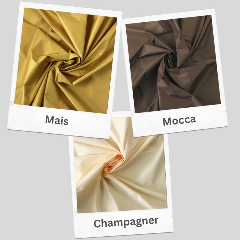 May include: Three fabric swatches in different colors: a light yellow called "Mais", a dark brown called "Mocca", and a light cream called "Champagner".