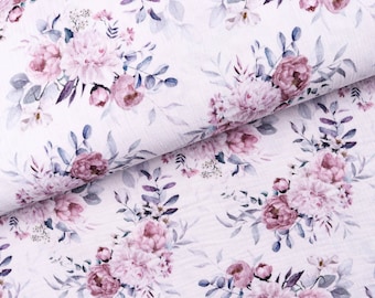 Muslin fabric Double Gauze Watercolor flower bouquet on white from 0.5 m (15.00/meter)