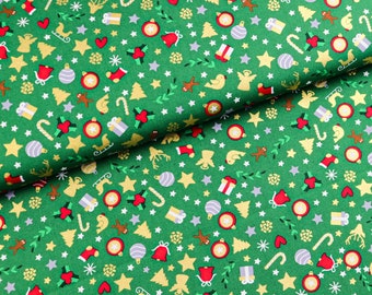 Cotton woven fabric Christmas decorations gold on dark green from 0.5 m (10.00/meter)