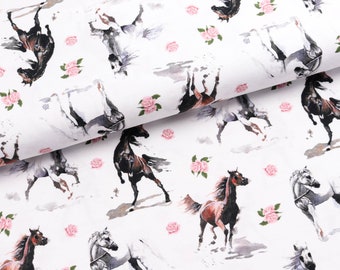 Cotton jersey fabric horse love horses on white from 0.5 m (19.00/meter)