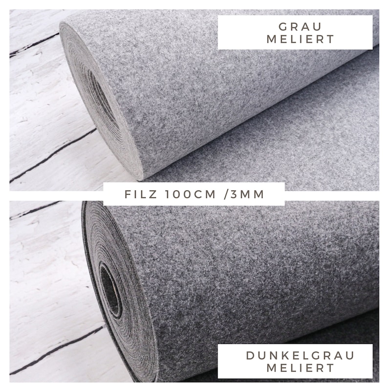 May include: Two rolls of felt fabric, one grey and one dark grey, both with a mottled texture. The fabric is 100 cm wide and 3 mm thick. The text "FILZ 100CM / 3MM" is printed on a white label.