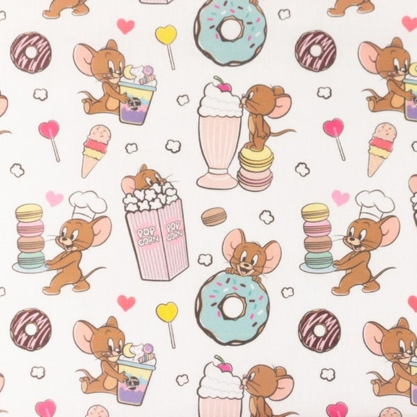 Cotton fabric woven Tom & Jerry on white licensed fabric from 0.5 m (13.90/meter)