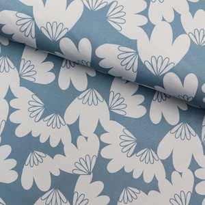 May include: A blue fabric with a white repeating pattern of stylized flowers. The flowers have a fan-like design in the center.