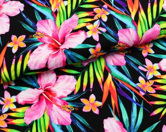 Viscose twill fabric large flowers hibiscus on black from 0.5 m (18.00/meter)