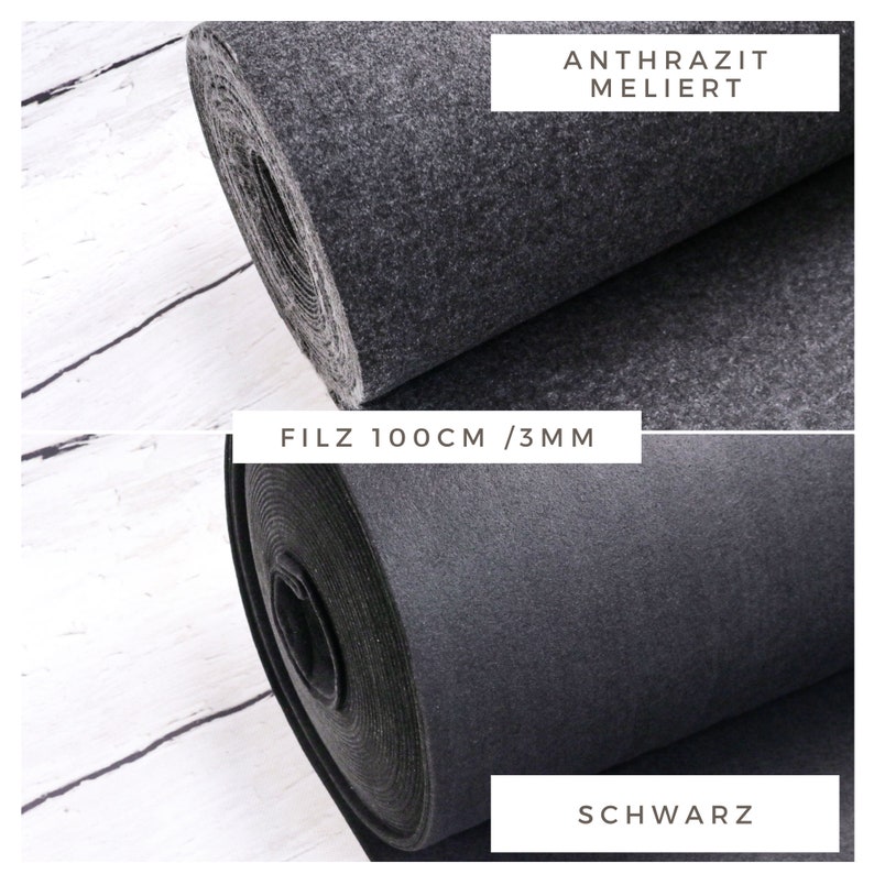 May include: Two rolls of felt fabric, one black and one grey, with the text "FILZ 100CM / 3MM" and "ANTHRAZIT MELIERT" and "SCHWARZ" on the labels.