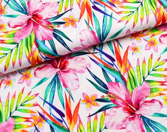 Viscose twill fabric large flowers hibiscus on white from 0.5 m (18.00/meter)