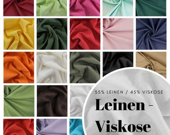 May include: A collection of fabric swatches in various colors, including red, green, yellow, orange, blue, pink, and white. The fabric is a blend of linen and viscose, as indicated by the text "55% LEINEN / 45% VISKOSE Leinen - Viskose".