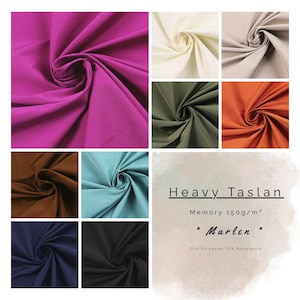 Peut inclure: Un collage d'échantillons de tissu de différentes couleurs, dont fuchsia, crème, vert olive et orange. Le tissu est étiqueté "Heavy Taslan" avec "Marlen" et "Memory 150g/m²" imprimé. Le tissu est composé de 50% de polyester et 50% de coton.