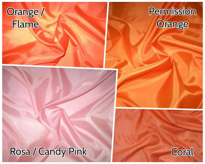 Pu&ograve; includere: Quattro campioni di tessuto in diverse tonalit&agrave; di arancione e rosa. I campioni sono etichettati "Orange / Flame", "Permission Orange", "Rosa / Candy Pink" e "Coral".