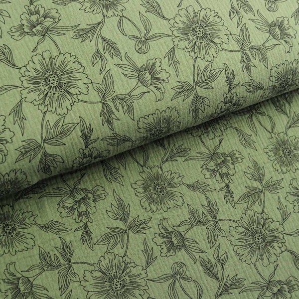 Tissu mousseline double gaze fleurs sur vert sapin à partir de 0,5 m (12,00/mètre)