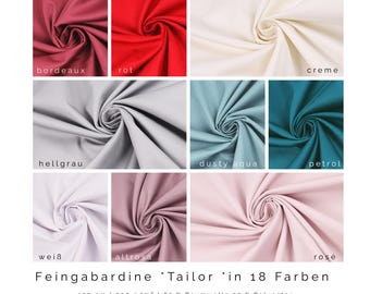 May include: A fabric swatch display showcasing nine different colors of Feingabardine Tailor fabric. Colors include bordeaux, red, cream, light gray, dusty aqua, petrol, white, light rose, and rose. The fabric is 150 cm wide and made of 65% cotton and 35% polyester.