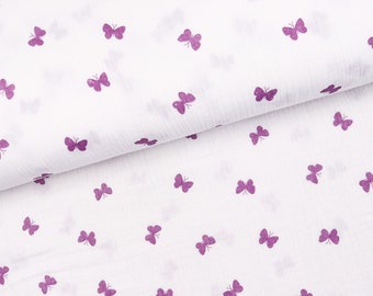 Tissu mousseline double gaze papillons mauve sur blanc à partir de 0,5 m (15,00/mètre)