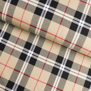 Tartan fabric, elastic, checkered, black and beige, from 0.5 m (13.90/meter)