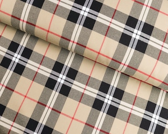 Tartan fabric, elastic, checkered, black and beige, from 0.5 m (13.90/meter)