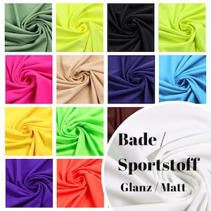 Puede incluir: Una colecci&oacute;n de 16 muestras de tela en varios colores, incluyendo verde, amarillo, rosa, azul, blanco, marr&oacute;n, morado y naranja. La tela se describe como "Bade / Sportstoff Glanz / Matt".