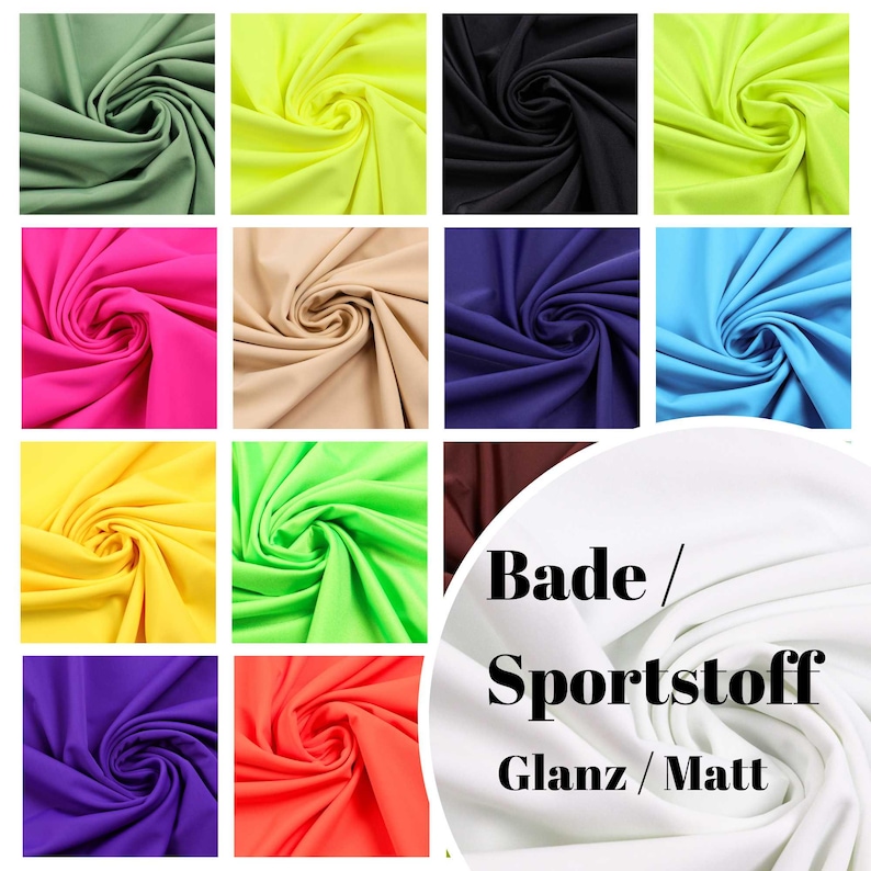 Puede incluir: Una colecci&oacute;n de 16 muestras de tela en varios colores, incluyendo verde, amarillo, rosa, azul, blanco, marr&oacute;n, morado y naranja. La tela se describe como "Bade / Sportstoff Glanz / Matt".