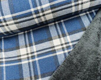 Coat fabric coat fleece check with fur side denim / natural from 0.5 m (25.00/meter)