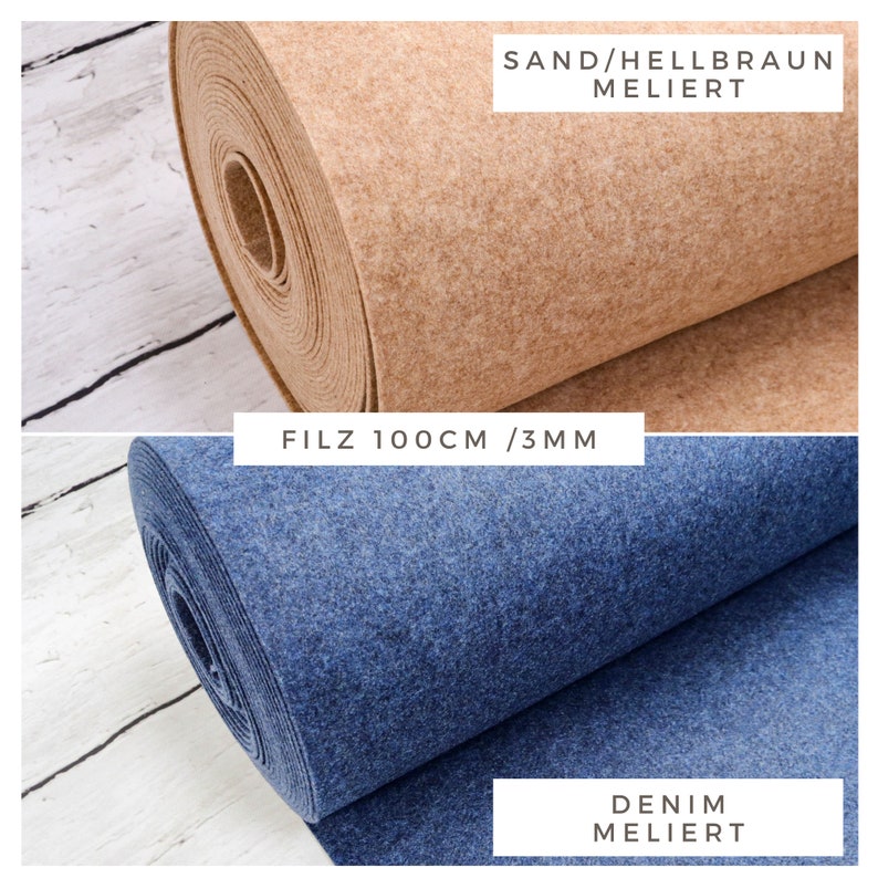 May include: Two rolls of felt fabric, one in a light brown colour called "Sand/Hellbraun Meliert" and the other in a blue colour called "Denim Meliert". Both rolls are 100 cm wide and 3 mm thick. The fabric is a great choice for crafting projects.
