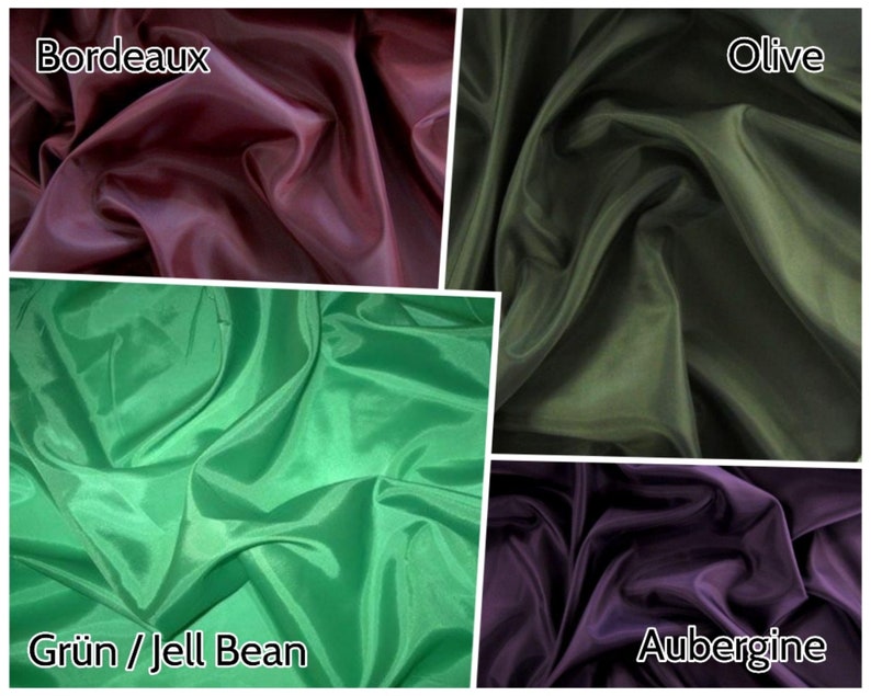 Pu&ograve; includere: Quattro campioni di tessuto in diversi colori: bordeaux, verde oliva, verde e melanzana. I campioni sono etichettati "Bordeaux", "Olive", "Gr&uuml;n / Jell Bean" e "Aubergine".
