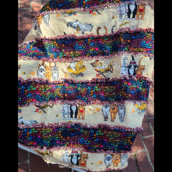 Cat lover rag quilt, cat lover blanket, cat birthday gift, toddler blanket, laprobe, elderly gift, Christmas gift cat lovers